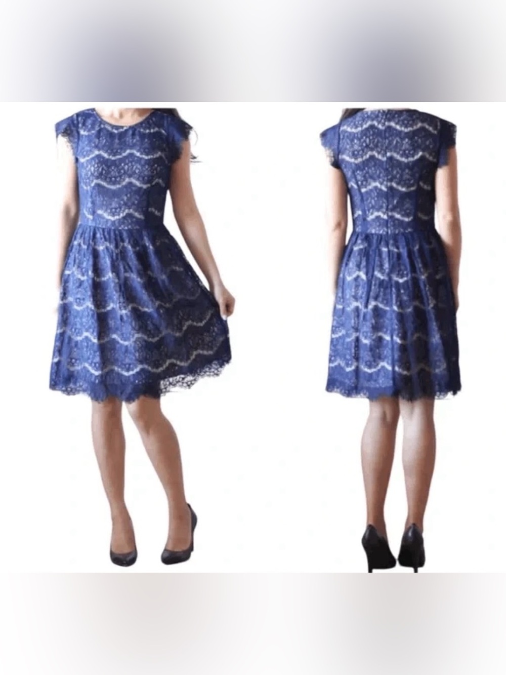 Maeve Nude Lined Navy Lace Fit-and-Flare Dress. Size M